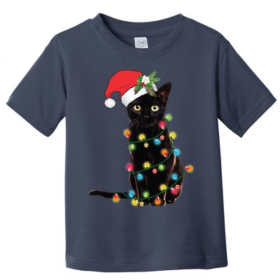 Black Santa Cat Tangled Up In Lights Christmas Santa Toddler T-Shirt