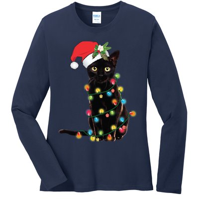 Black Santa Cat Tangled Up In Lights Christmas Santa Ladies Long Sleeve Shirt