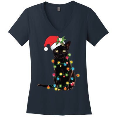 Black Santa Cat Tangled Up In Lights Christmas Santa Women's V-Neck T-Shirt