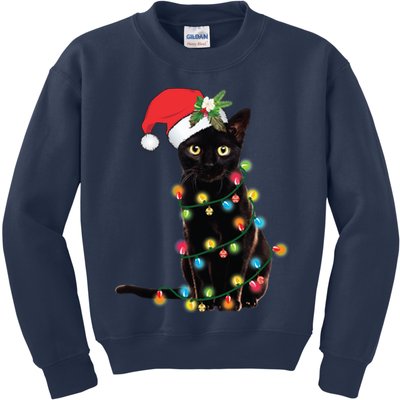 Black Santa Cat Tangled Up In Lights Christmas Santa Kids Sweatshirt