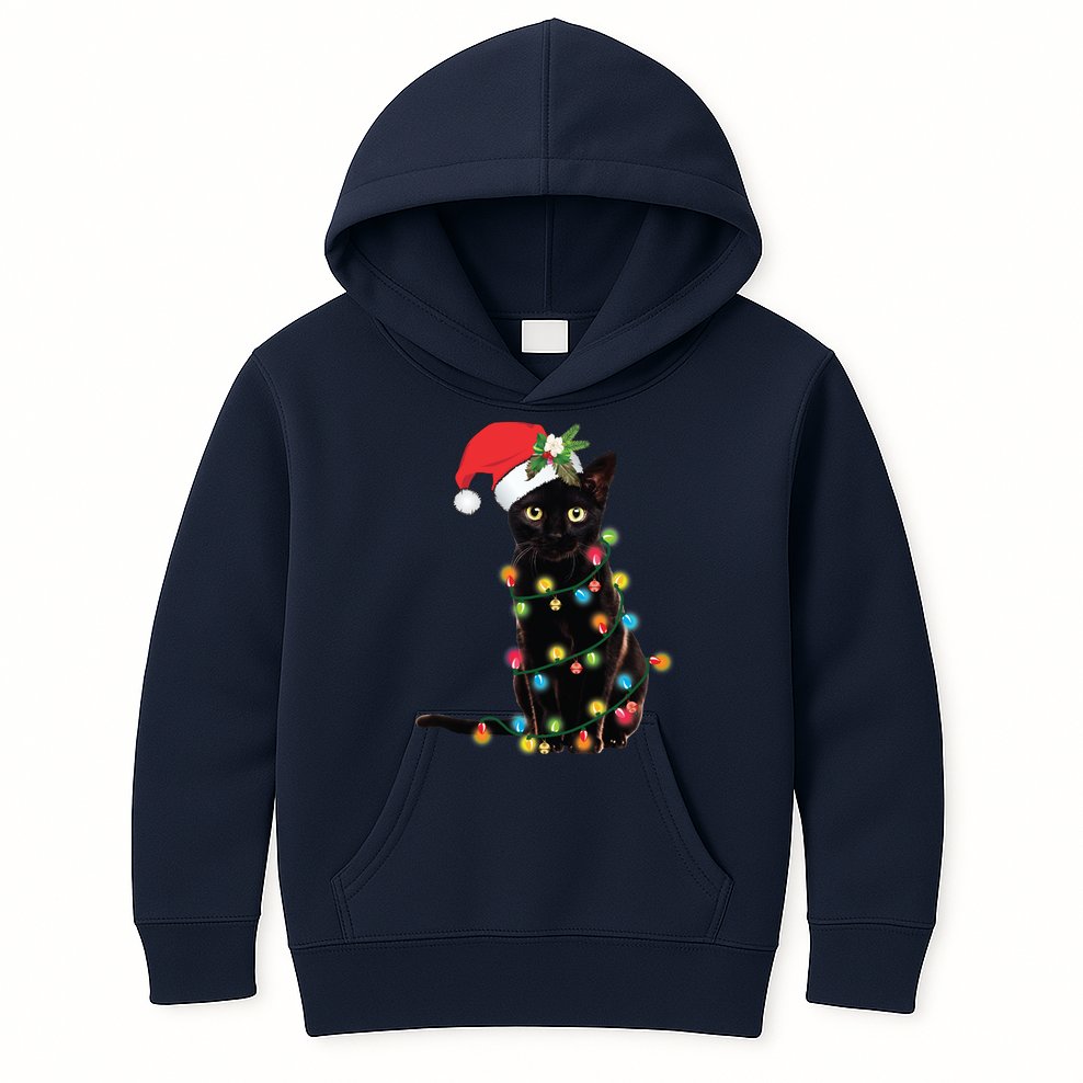 Black Santa Cat Tangled Up In Lights Christmas Santa Kids Hoodie