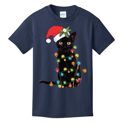Black Santa Cat Tangled Up In Lights Christmas Santa Kids T-Shirt