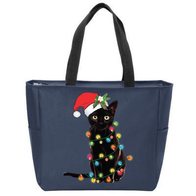 Black Santa Cat Tangled Up In Lights Christmas Santa Zip Tote Bag