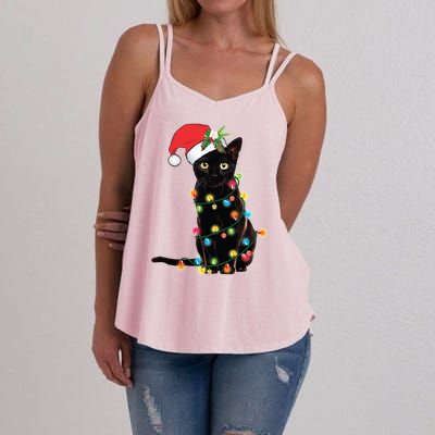 Black Santa Cat Tangled Up In Lights Christmas Santa Women's Strappy Tank