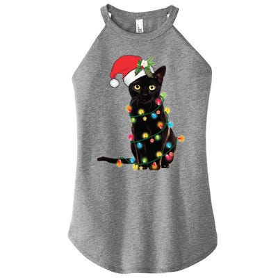 Black Santa Cat Tangled Up In Lights Christmas Santa Women’s Perfect Tri Rocker Tank