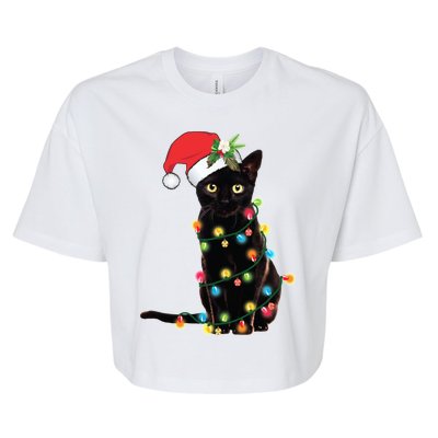 Black Santa Cat Tangled Up In Lights Christmas Santa Bella+Canvas Jersey Crop Tee