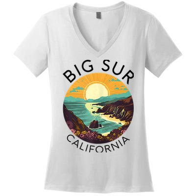 Big Sur California Beach Central Coast Retro Forest Camping Women's V-Neck T-Shirt