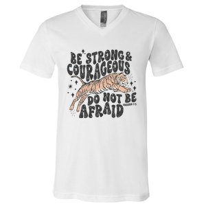 Be Strong Courageous Tiger Christian Religious V-Neck T-Shirt