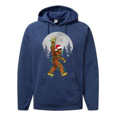 Bigfoot Santa Christmas Tree Lights Funny Xmas Sasquatch Performance Fleece Hoodie