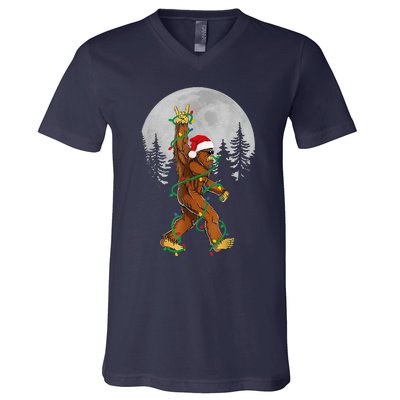 Bigfoot Santa Christmas Tree Lights Funny Xmas Sasquatch V-Neck T-Shirt