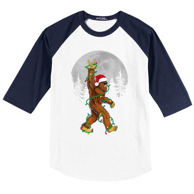 Bigfoot Santa Christmas Tree Lights Funny Xmas Sasquatch Baseball Sleeve Shirt