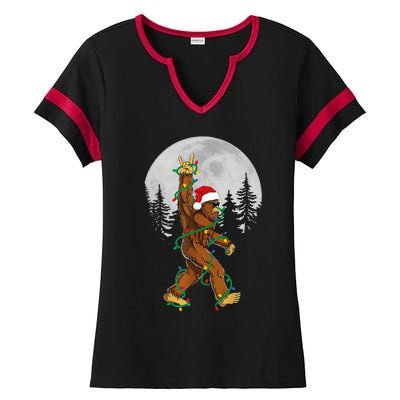 Bigfoot Santa Christmas Tree Lights Funny Xmas Sasquatch Ladies Halftime Notch Neck Tee