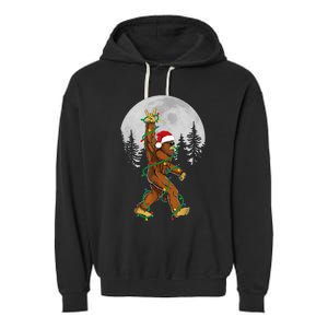 Bigfoot Santa Christmas Tree Lights Funny Xmas Sasquatch Garment-Dyed Fleece Hoodie