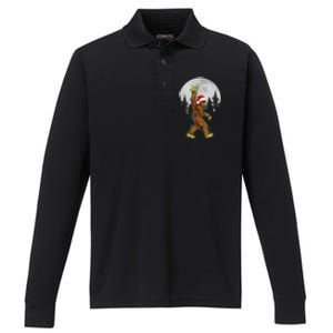 Bigfoot Santa Christmas Tree Lights Funny Xmas Sasquatch Performance Long Sleeve Polo