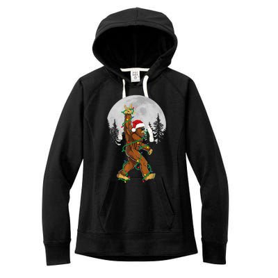 Bigfoot Santa Christmas Tree Lights Funny Xmas Sasquatch Women's Fleece Hoodie