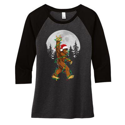 Bigfoot Santa Christmas Tree Lights Funny Xmas Sasquatch Women's Tri-Blend 3/4-Sleeve Raglan Shirt