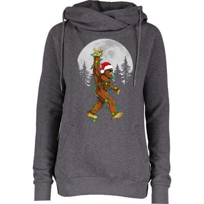 Bigfoot Santa Christmas Tree Lights Funny Xmas Sasquatch Womens Funnel Neck Pullover Hood