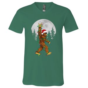 Bigfoot Santa Christmas Tree Lights Funny Xmas Sasquatch V-Neck T-Shirt