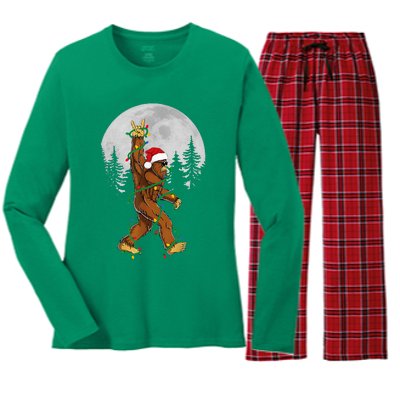 Bigfoot Santa Christmas Tree Lights Funny Xmas Sasquatch Women's Long Sleeve Flannel Pajama Set 