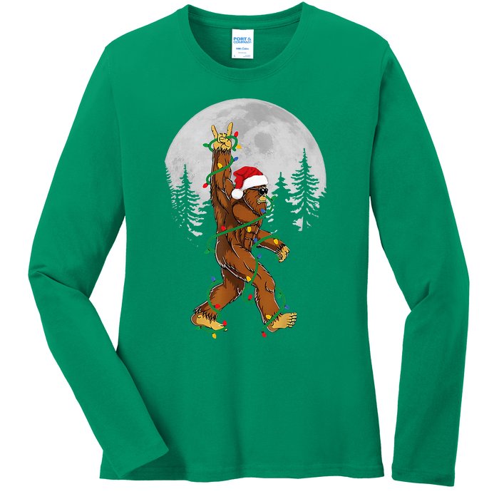 Bigfoot Santa Christmas Tree Lights Funny Xmas Sasquatch Ladies Long Sleeve Shirt