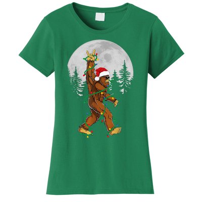 Bigfoot Santa Christmas Tree Lights Funny Xmas Sasquatch Women's T-Shirt