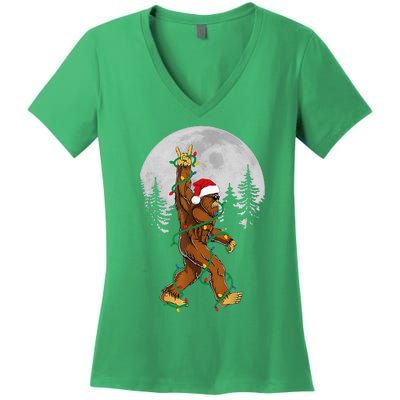 Bigfoot Santa Christmas Tree Lights Funny Xmas Sasquatch Women's V-Neck T-Shirt