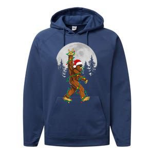 Bigfoot Santa Christmas Tree Lights Funny Xmas Sasquatch Performance Fleece Hoodie