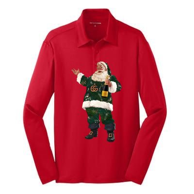 Boujee Santa Champagne Luxe Santa Funny Christmas Silk Touch Performance Long Sleeve Polo