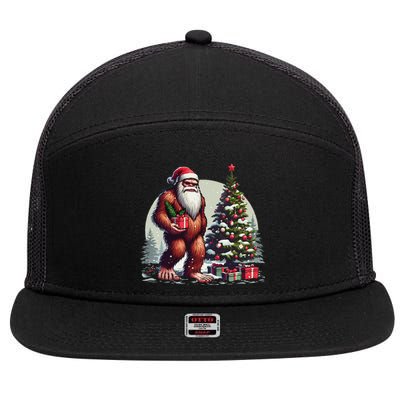 Bigfoot Santa Christmas Tree Lights Xmas Sasquatch Lovers 7 Panel Mesh Trucker Snapback Hat