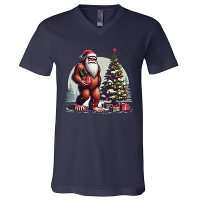 Bigfoot Santa Christmas Tree Lights Xmas Sasquatch Lovers V-Neck T-Shirt