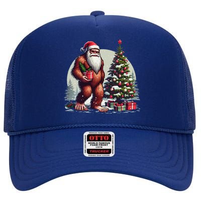 Bigfoot Santa Christmas Tree Lights Xmas Sasquatch Lovers High Crown Mesh Back Trucker Hat