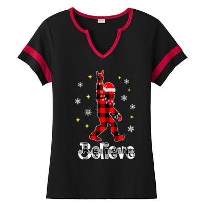 Bigfoot Santa Christmas Tree Xmas Sasquatch Rock And Roll Funny Gift Ladies Halftime Notch Neck Tee