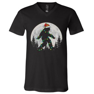 Bigfoot Santa Christmas Tree Lights Funny Xmas Sasquatch V-Neck T-Shirt