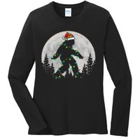 Bigfoot Santa Christmas Tree Lights Funny Xmas Sasquatch Ladies Long Sleeve Shirt