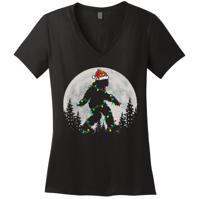 Bigfoot Santa Christmas Tree Lights Funny Xmas Sasquatch Women's V-Neck T-Shirt