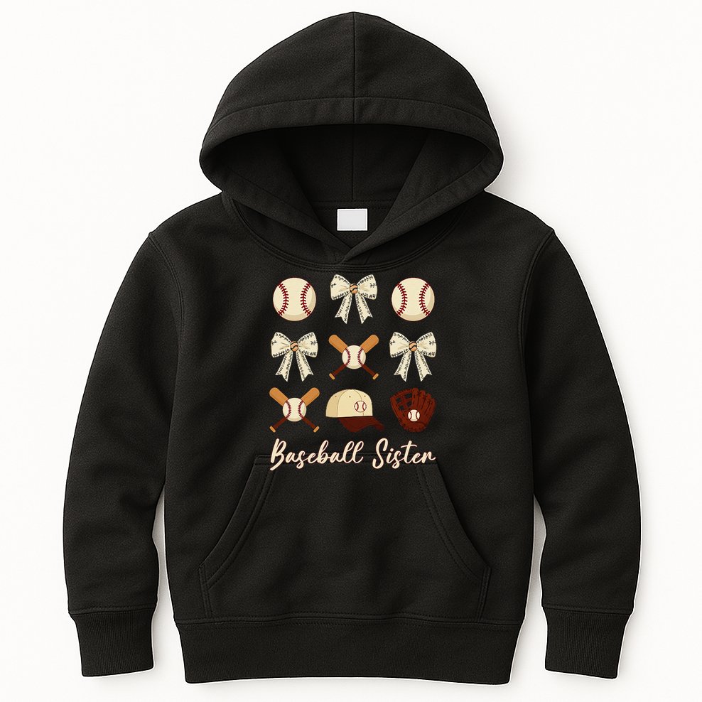 Baseball Sister Coquette Bow Cheer Baseball Kids Hoodie