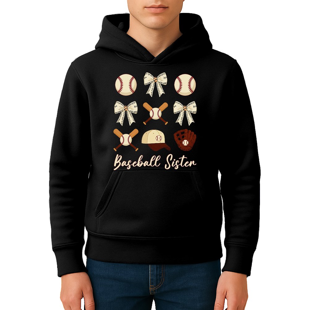 Baseball Sister Coquette Bow Cheer Baseball Kids Hoodie