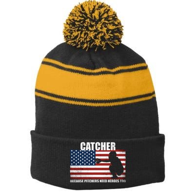 Baseball Softball Catcher Because Pitchers Need Heros Too Stripe Pom Pom Beanie