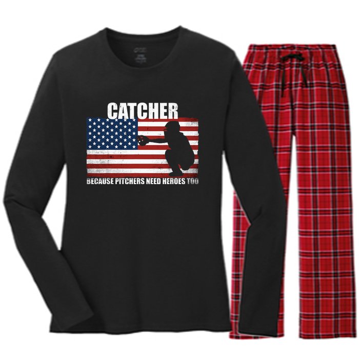 Baseball Softball Catcher Because Pitchers Need Heros Too Women's Long Sleeve Flannel Pajama Set 