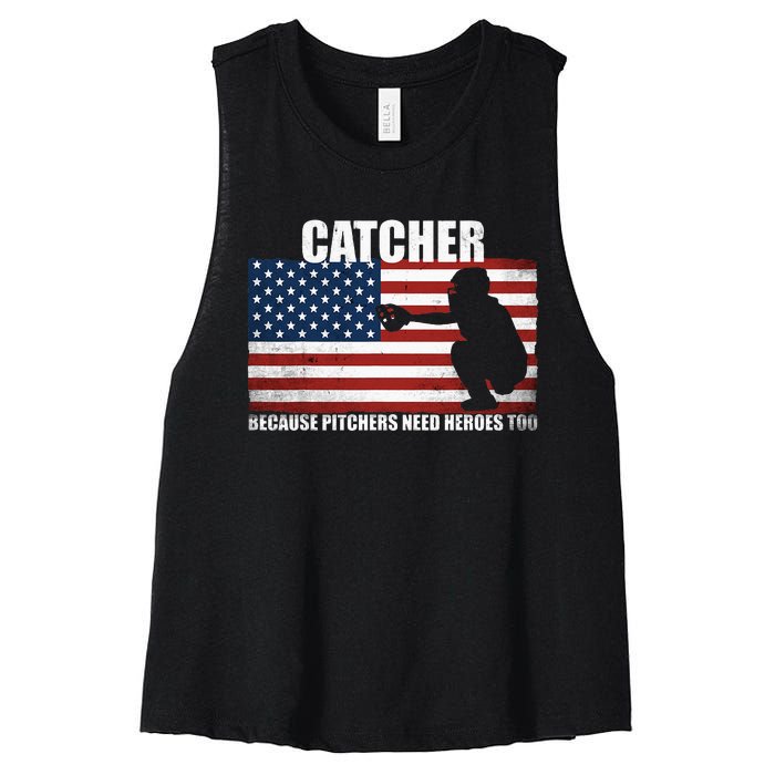 Baseball Softball Catcher Because Pitchers Need Heros Too Women's Racerback Cropped Tank