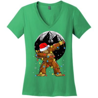 Bigfoot Santa Christmas Tree Lights Xmas Sasquatch Women's V-Neck T-Shirt