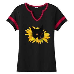 Black Sunflower Cat Cute Ladies Halftime Notch Neck Tee