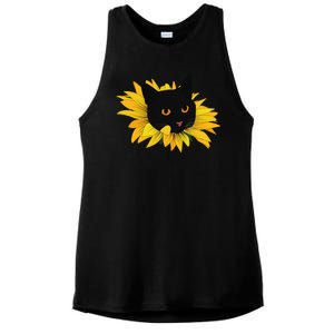 Black Sunflower Cat Cute Ladies PosiCharge Tri-Blend Wicking Tank