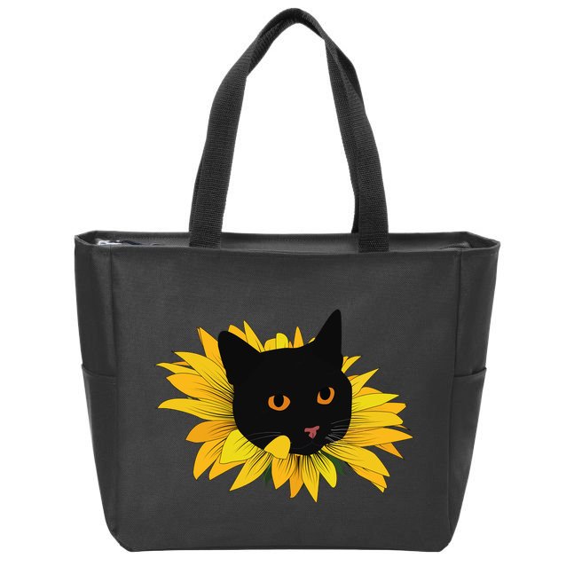 Black Sunflower Cat Cute Zip Tote Bag