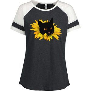 Black Sunflower Cat Cute Enza Ladies Jersey Colorblock Tee