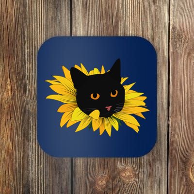 Black Sunflower Cat Cute Coaster