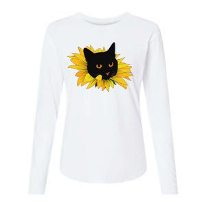 Black Sunflower Cat Cute Womens Cotton Relaxed Long Sleeve T-Shirt