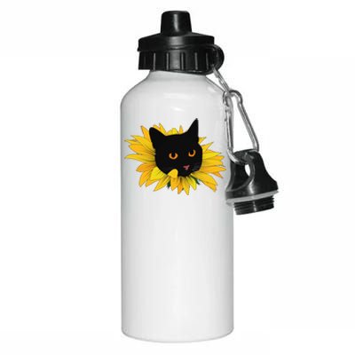 Black Sunflower Cat Cute Aluminum Water Bottle 