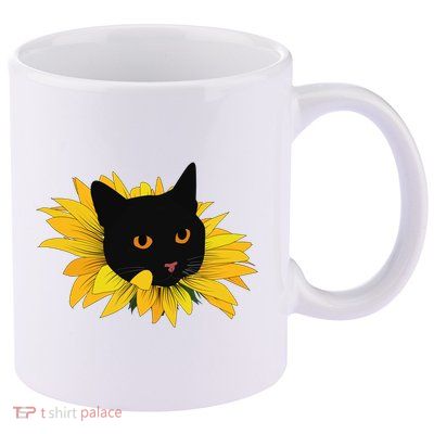 Black Sunflower Cat Cute 11oz C Handle Ceramic Mug