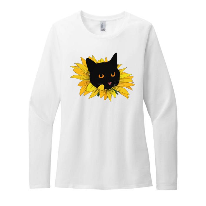 Black Sunflower Cat Cute Womens CVC Long Sleeve Shirt